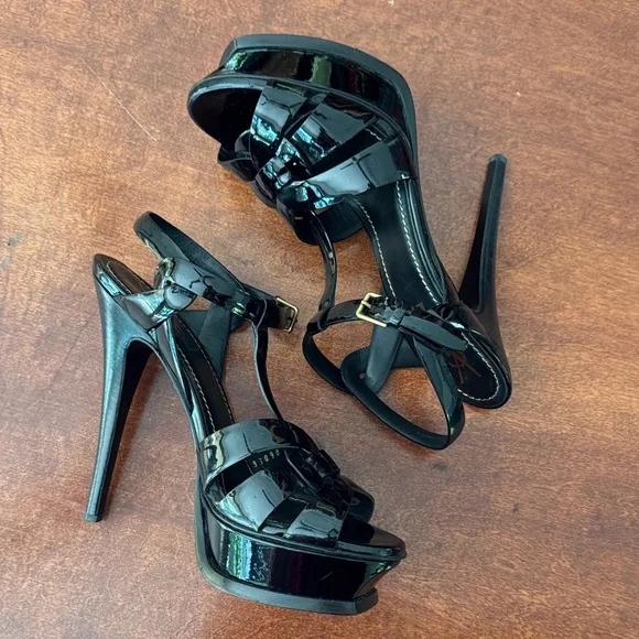 Yves Saint Laurent Tribute Black Patent Stiletto Platform Sandals Sz 7 - Picture 4 of 7